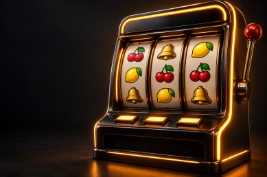 Máquina de slots moderna com frutas e iluminação laranja.
