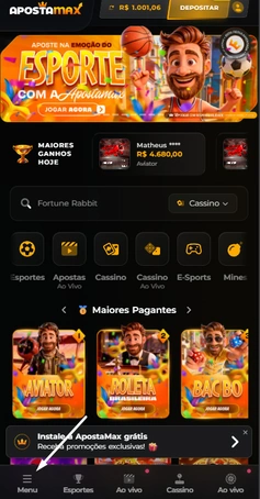 Página inicial da ApostaMax no navegador do celular