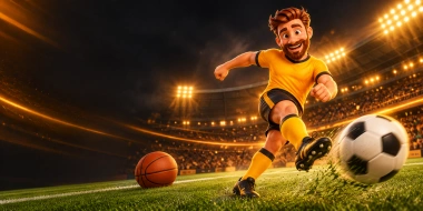 Personagem da ApostaMax chutando uma bola no estádio.